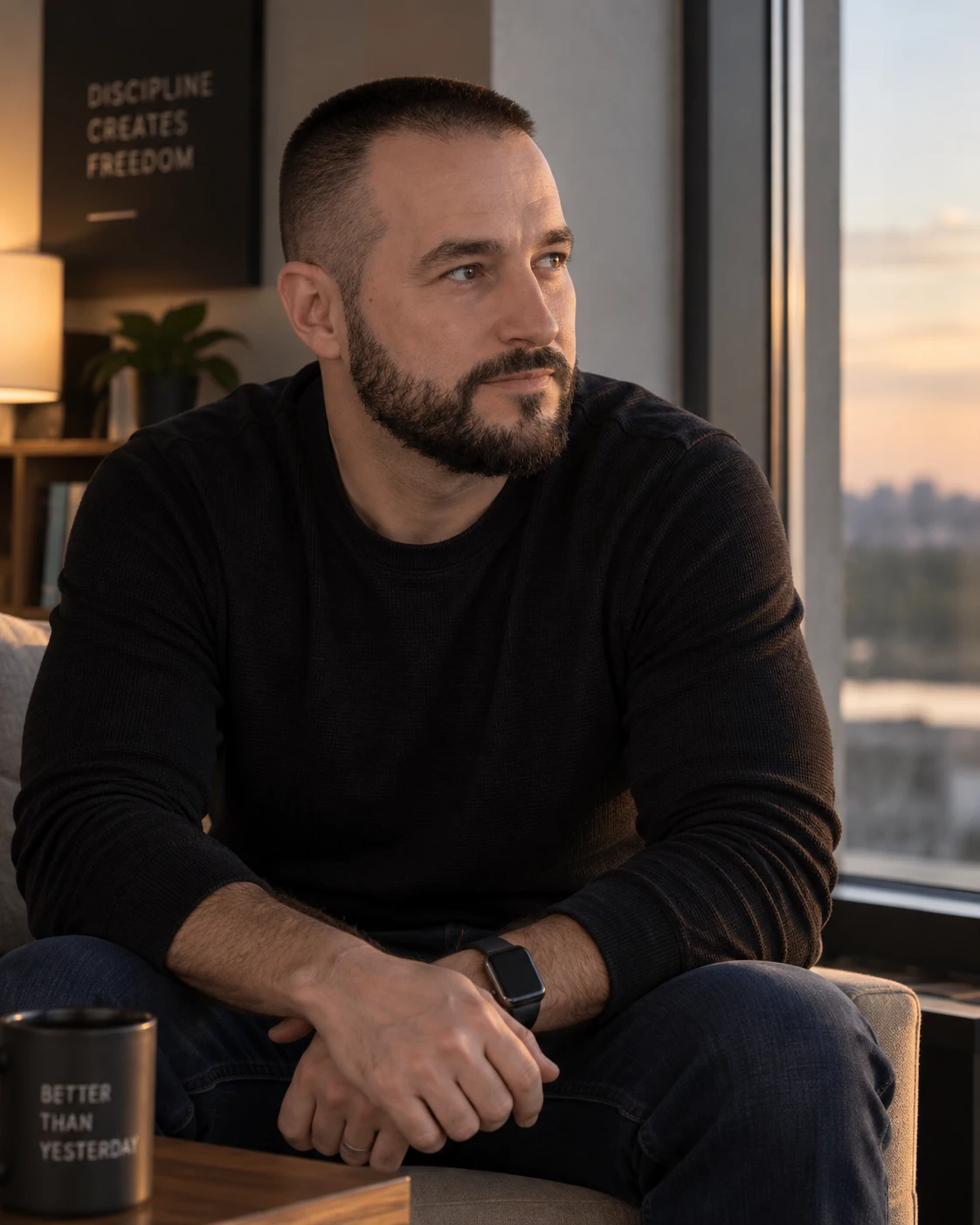 Bruno Quintela seated in a reflective setting